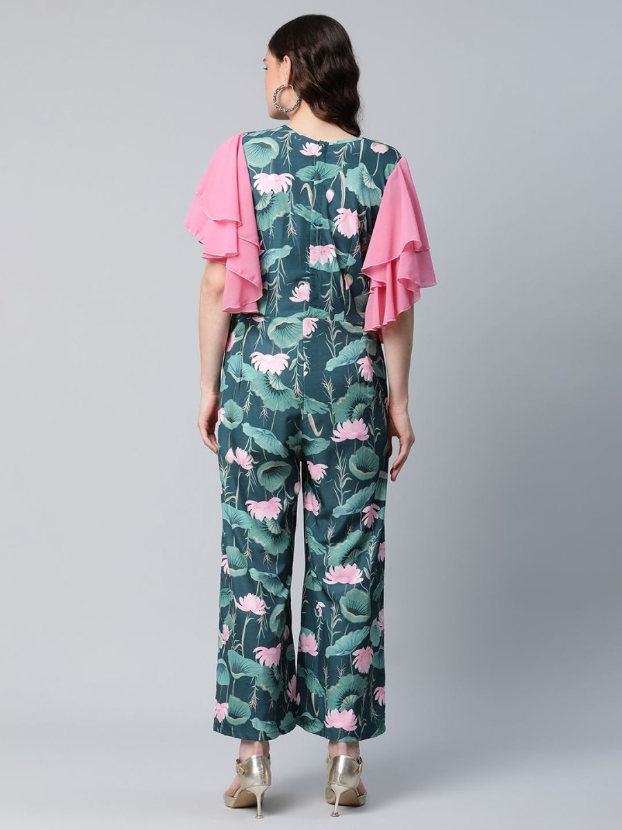 Ahalyaa Women's Dark Green Crepe Printed Jumpsuit | Grocsy