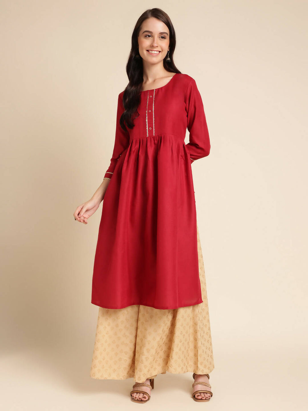 Red Poly Cotton Solid Nayra Cut Kurta - Tirtha | Grocsy