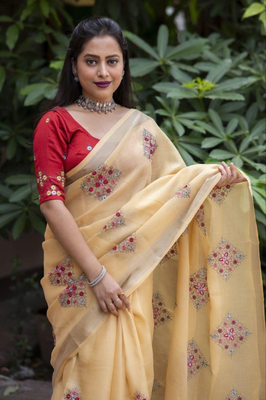 Yellow Pure Linen Ethnic Motifs Saree with Unstitched Blouse - A2M | Grocsy