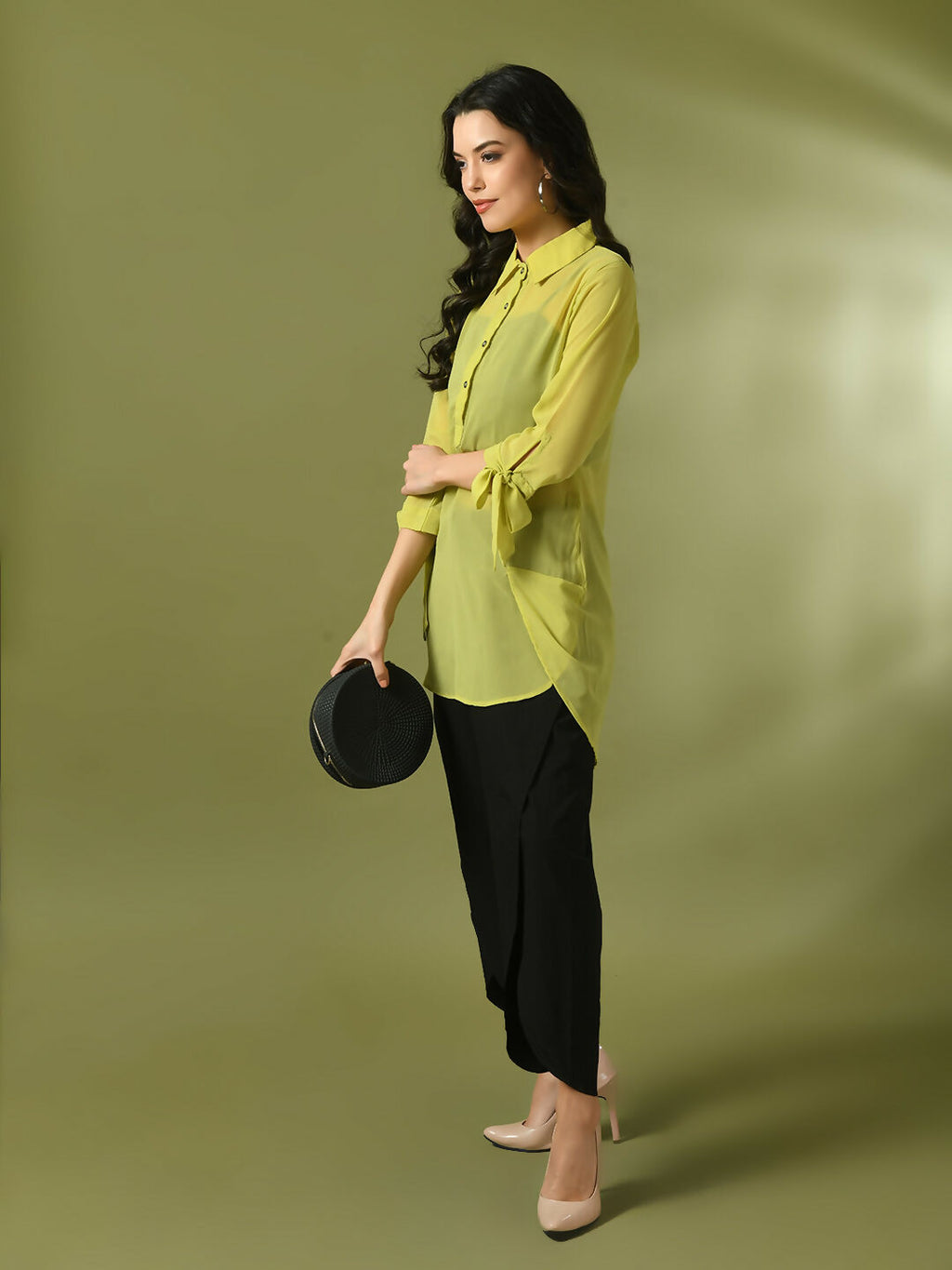 Myshka Women's Yellow Solid Georgette Longline Party Sheer Tunic | Grocsy