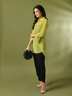 Myshka Women's Yellow Solid Georgette Longline Party Sheer Tunic | Grocsy