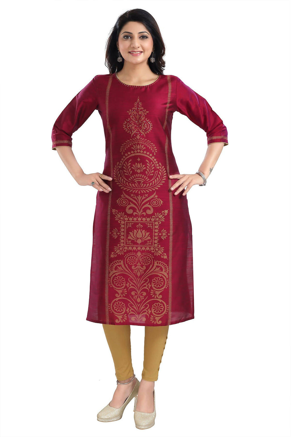 Snehal Creations Majenta Raw Silk Block Print Long Kurta For Women | Grocsy
