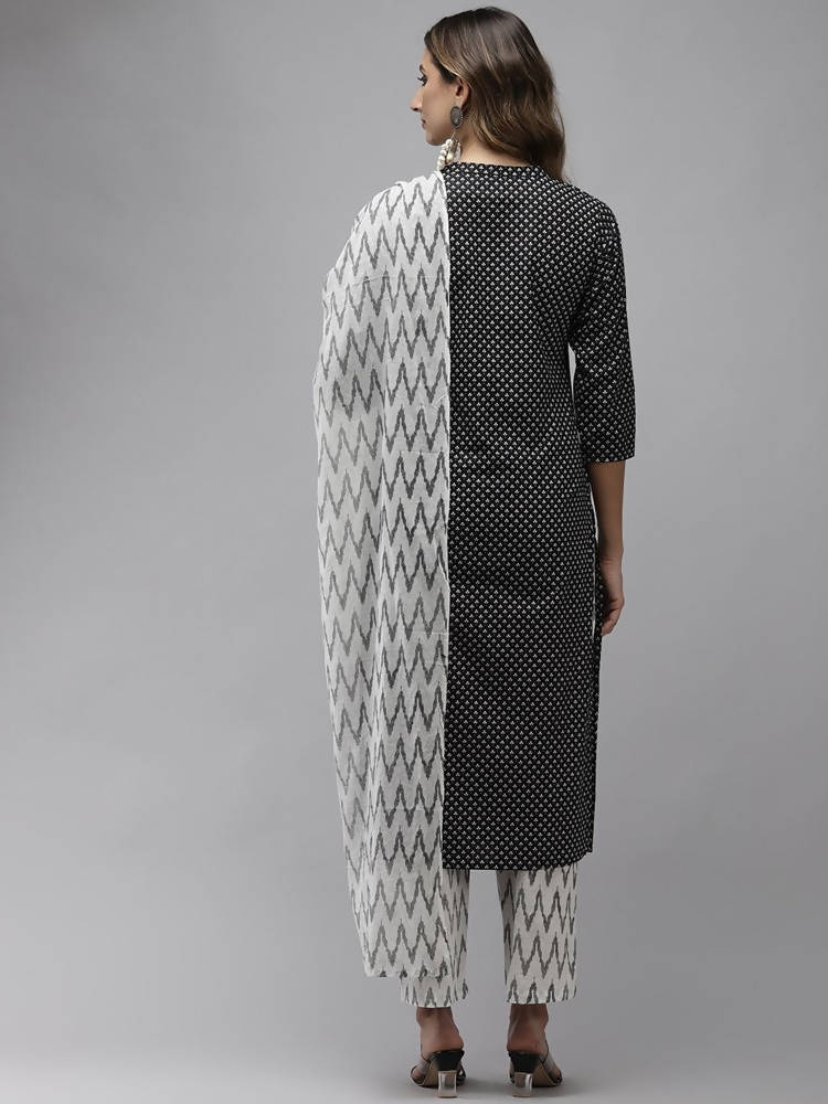 Yufta Women Black Ethnic Motifs Printed Regular Pure Cotton Kurta with Trouser & With Dupatta | Grocsy