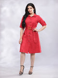 BohoJazz Smart Casual Red Linen Shirt Dress | Grocsy