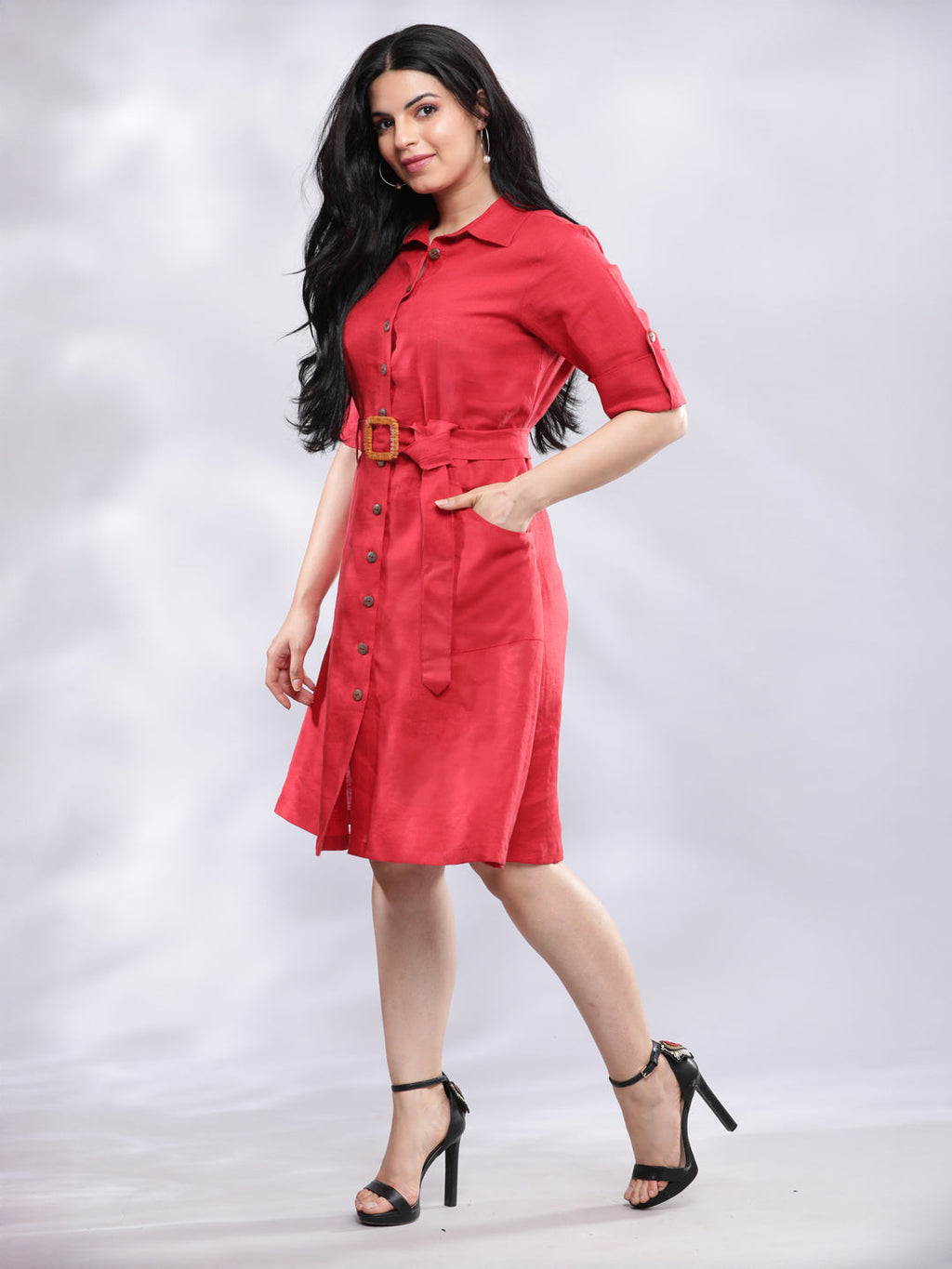 BohoJazz Smart Casual Red Linen Shirt Dress | Grocsy