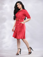 BohoJazz Smart Casual Red Linen Shirt Dress | Grocsy