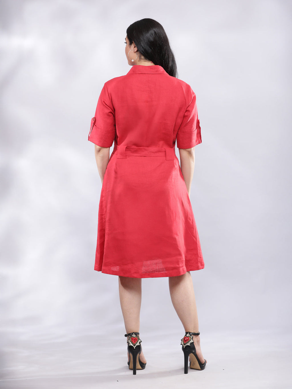 BohoJazz Smart Casual Red Linen Shirt Dress | Grocsy