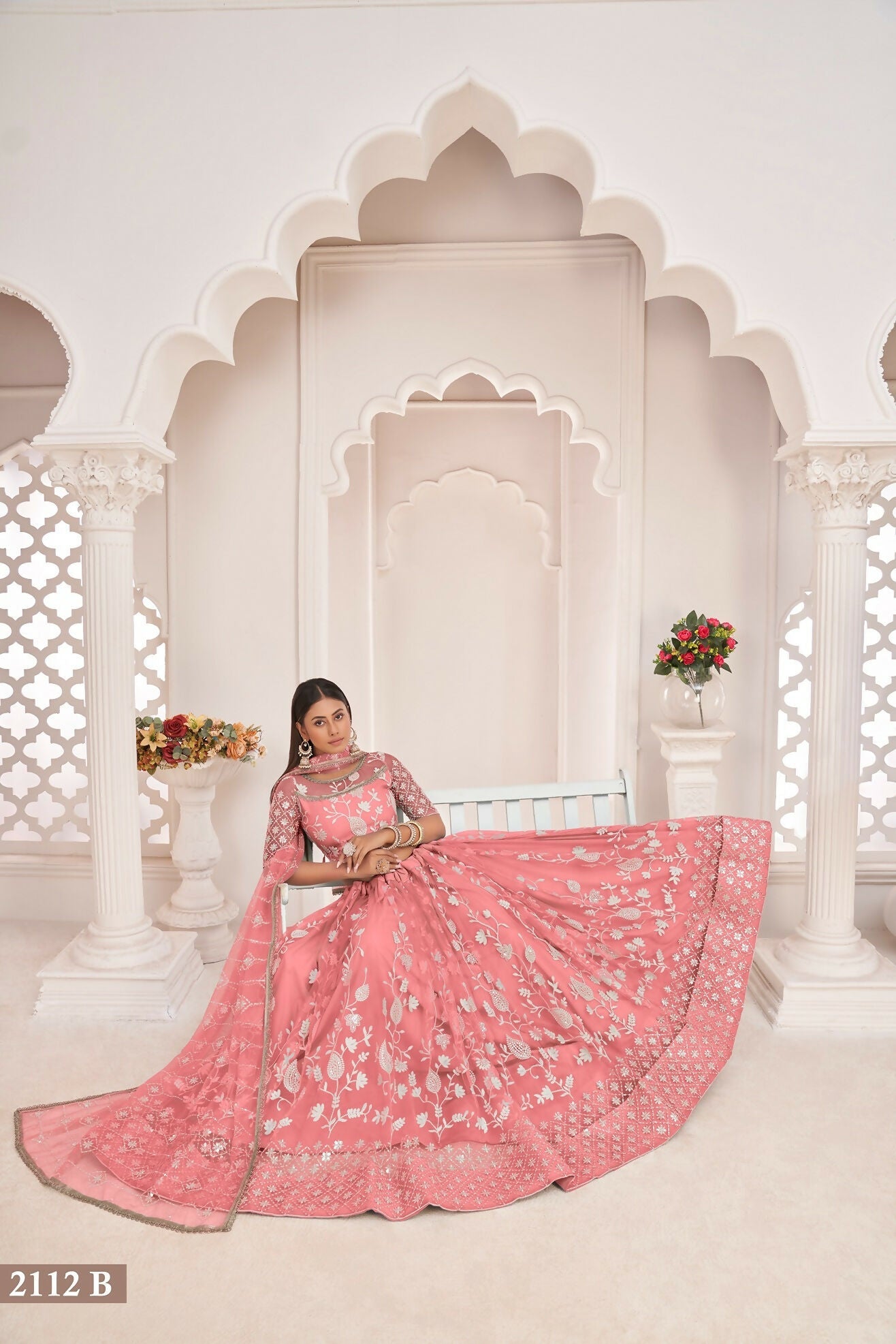 Eilara Women'S Peach Butterfly Net White Cotton Thread And Zari Sequence Embroidered Work Lehenga Choli For Party Wear | Grocsy