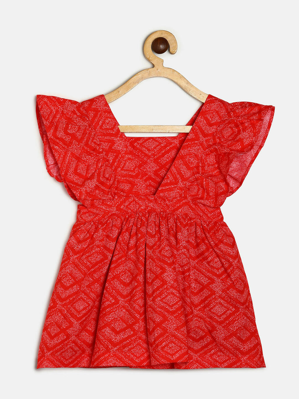 Manet Girls Cotton V Neck Frill Frock Printed - Red | Grocsy