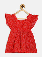 Manet Girls Cotton V Neck Frill Frock Printed - Red | Grocsy
