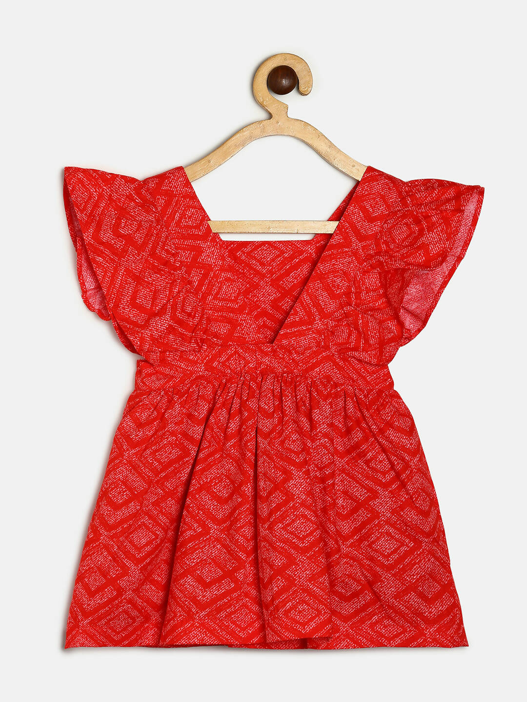 Manet Girls Cotton V Neck Frill Frock Printed - Red | Grocsy