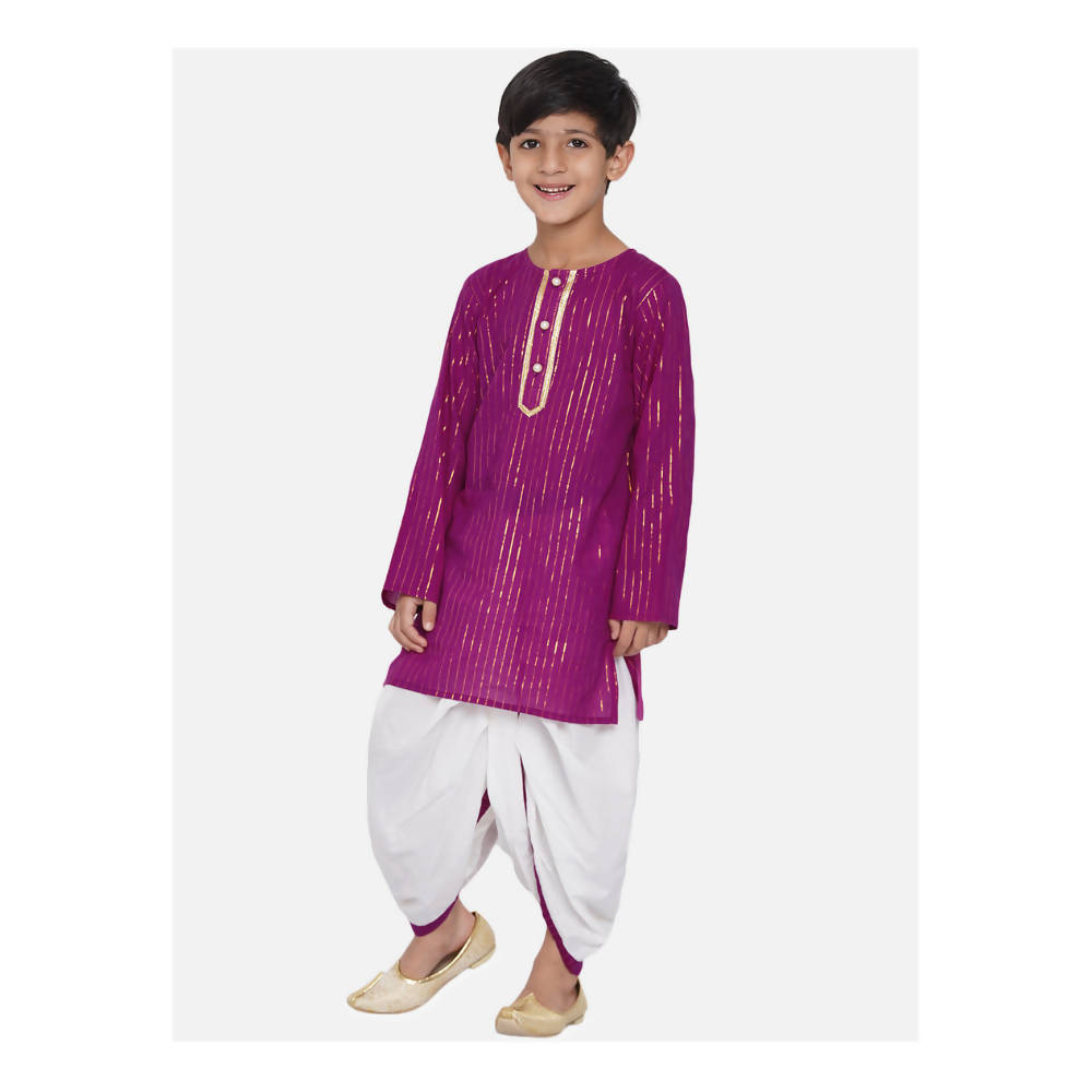 Little Bansi Boys Golden Striped Kurta and Dhoti - Purple and Cream | Grocsy
