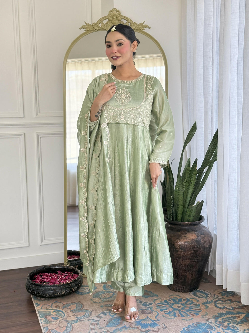 The52 Pista Women's Gorgeous Embroidered Vichitra Silk Fabric Flared Kurta Pant with Dupatta Set | Grocsy