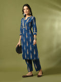 Myshka Women's Blue Printed Cotton Straight Party Kurta Set | Grocsy