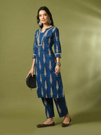 Myshka Women's Blue Printed Cotton Straight Party Kurta Set | Grocsy