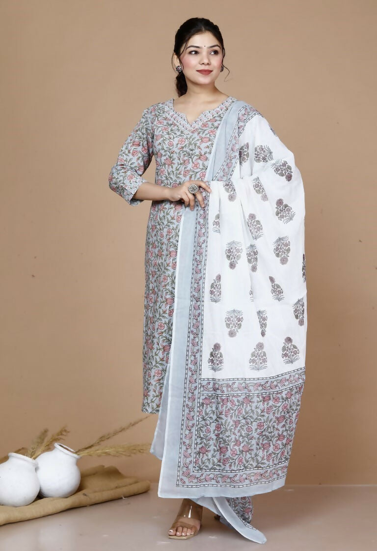 Miravan Women's Plus Size Blue Floral Printed Gota Patti Cotton Kurta With Palazzo | Grocsy