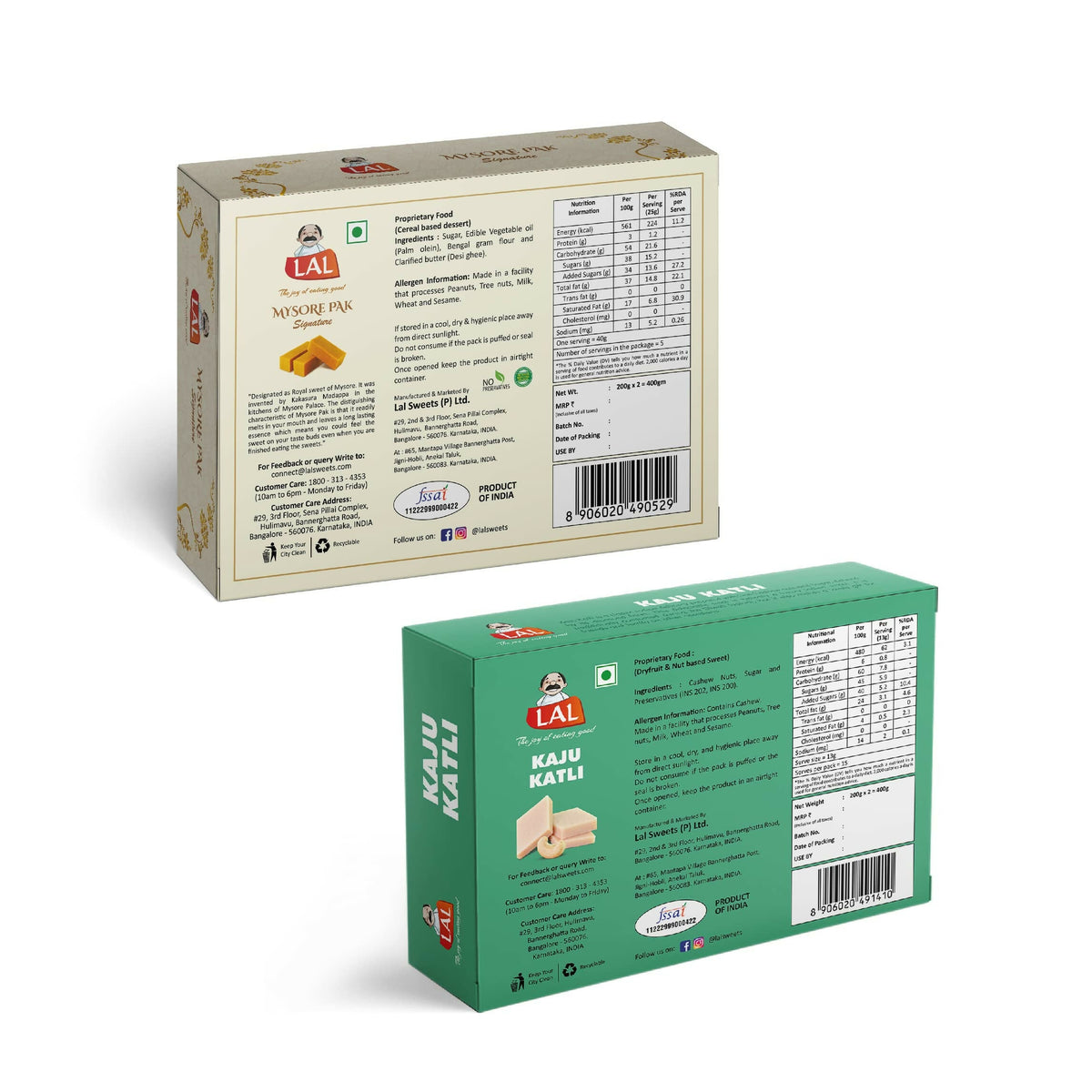 Lal Sweets Combo Pack - Mysore Pak Signature 400Gm And Kaju Katli 400 Gm Gift Pack | Desi Cow Ghee Indian Sweets | Mithai Box | Grocsy