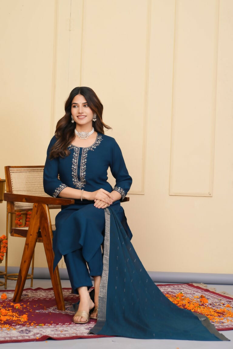 Blue Viscose Chanderi Embroidered Stitched Suit With Dupatta - Tanisha | Grocsy