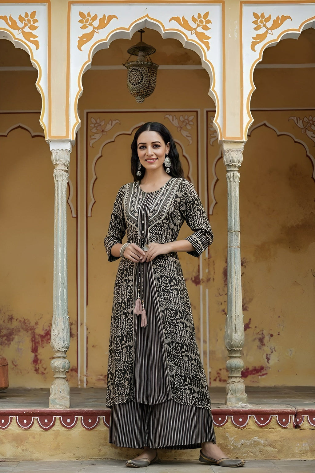 Juniper Women`s Black Rayon Staple Embroidered & Printed A-Line Kurta Sets | Grocsy