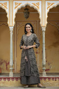 Juniper Women`s Black Rayon Staple Embroidered & Printed A-Line Kurta Sets | Grocsy