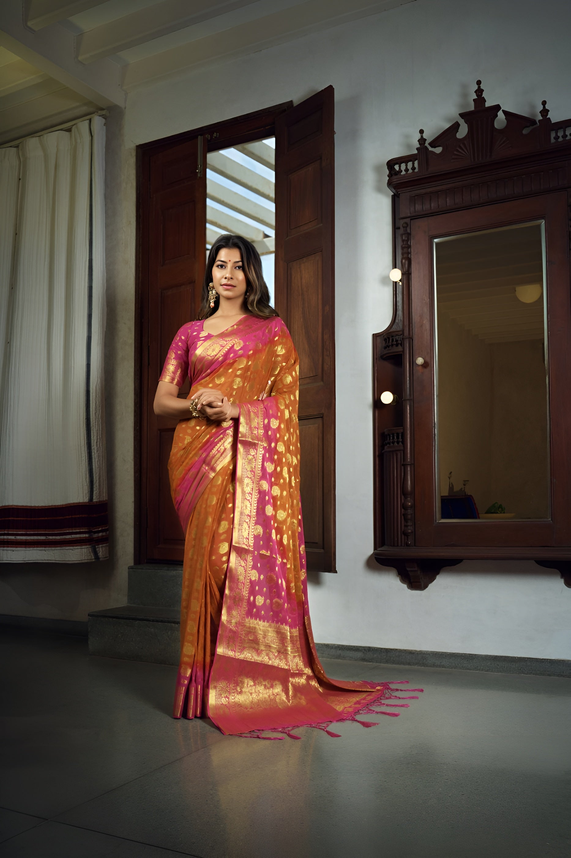 Vardha Sunset Orange Golden Zari Banarasi Chiffon Saree | Grocsy