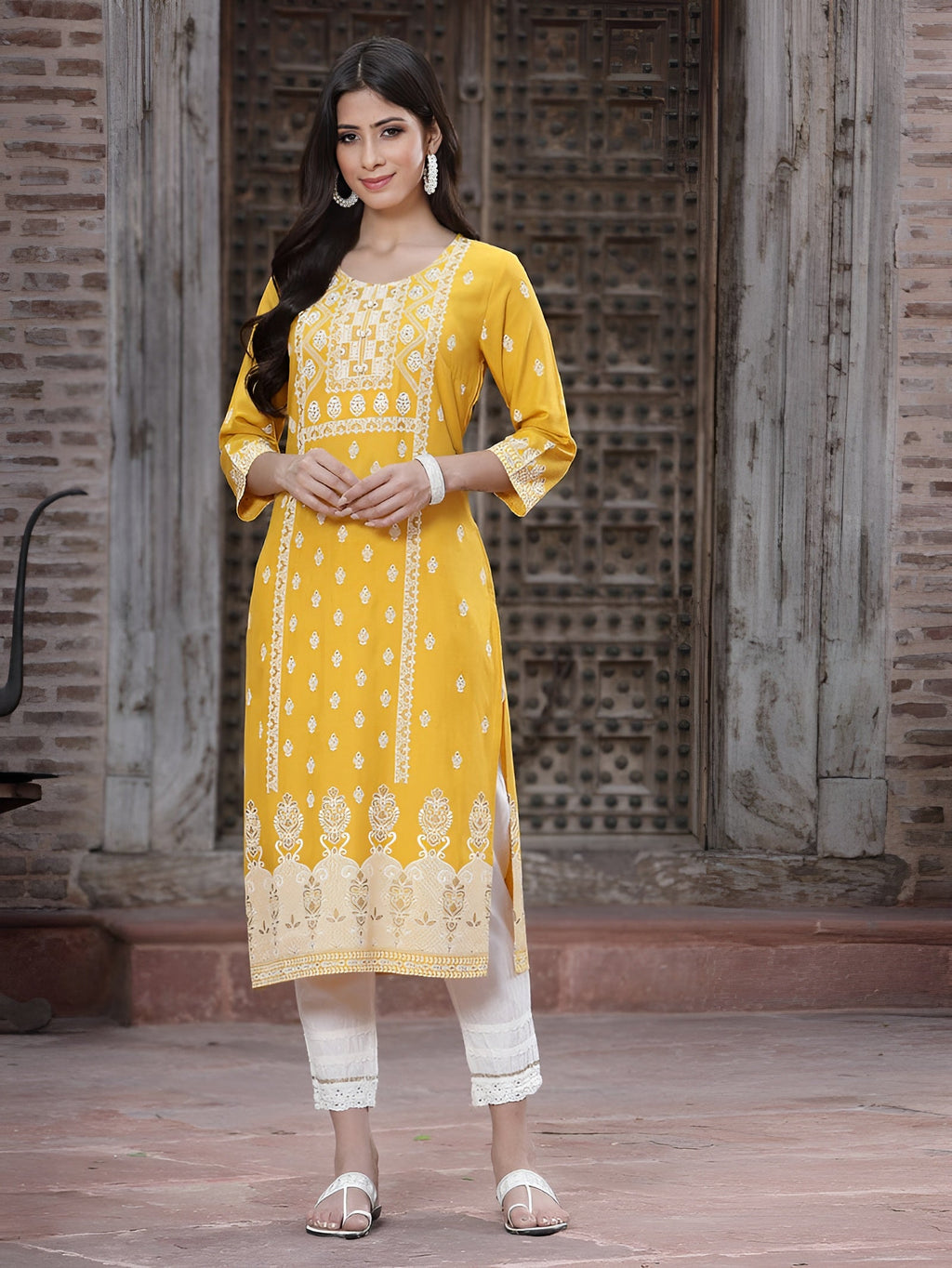 Juniper Women's Mustard Rayon Printed Straight Kurta | Grocsy