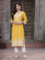 Juniper Women's Mustard Rayon Printed Straight Kurta | Grocsy