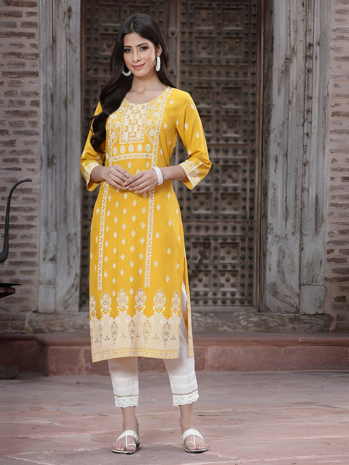 Juniper Women's Mustard Rayon Printed Straight Kurta | Grocsy
