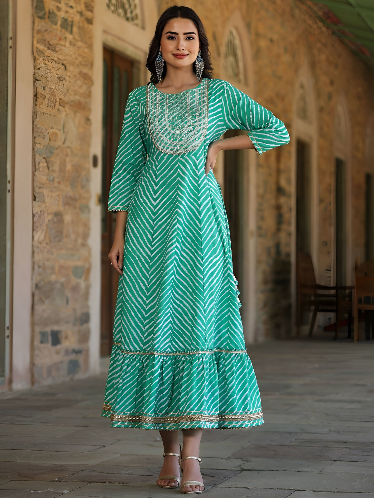 Juniper Women's Green Printed Embroidered Mirror Work Sequin Cotton Flared Dress | Grocsy