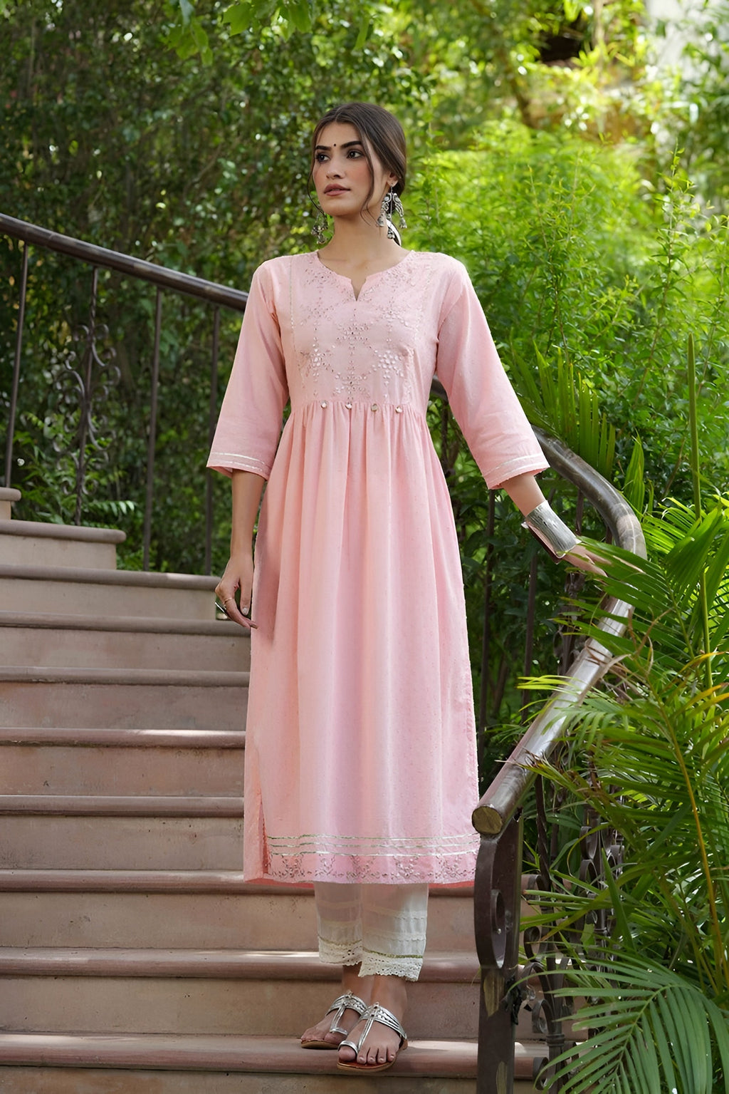 Juniper Peach Cotton Dobby Festive Embroidered A-Line Long Kurta For Women | Grocsy