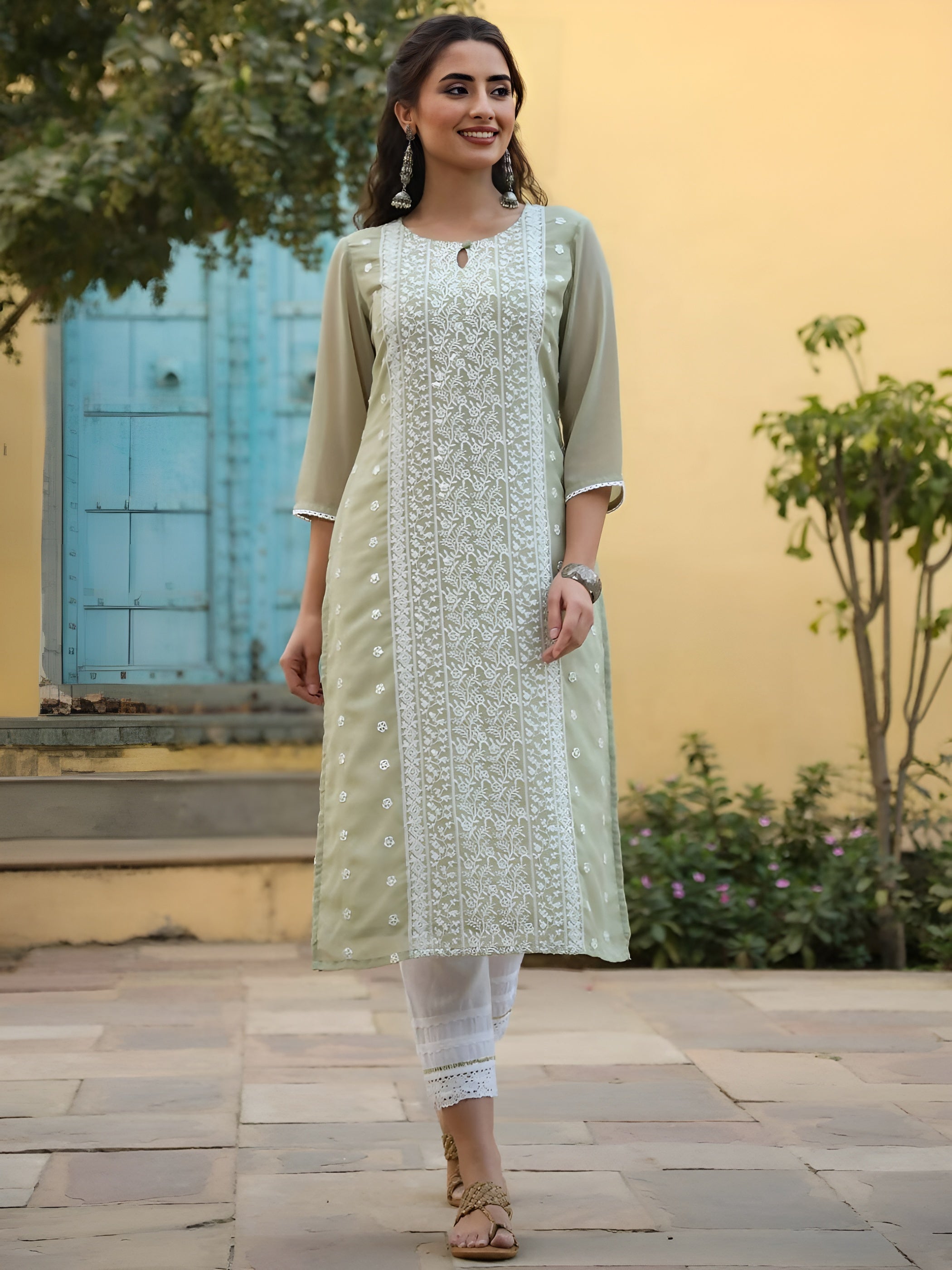 Juniper Women's Ltgreen Georgette Printed Kurta | Grocsy
