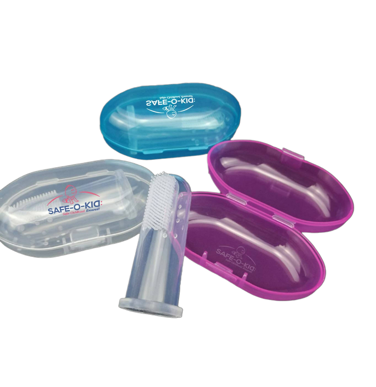 Safe-O-Kid Silicone Baby Finger, Infant Training Soft Teeth Brush, Oral Cleaning Massager For Babies- 1 Blue, 1 Pink & 1 Transparent | Grocsy