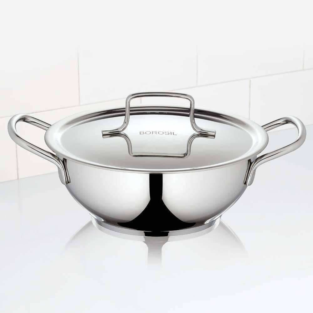 Borosil Stainless Steel Deep Kadhai With Lid, 2.3 Litre | Grocsy
