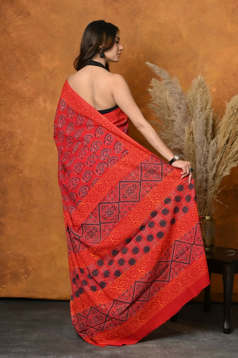 Very Much Indian Handblock Printed Cotton Saree With Natural Dyes - Red | Grocsy