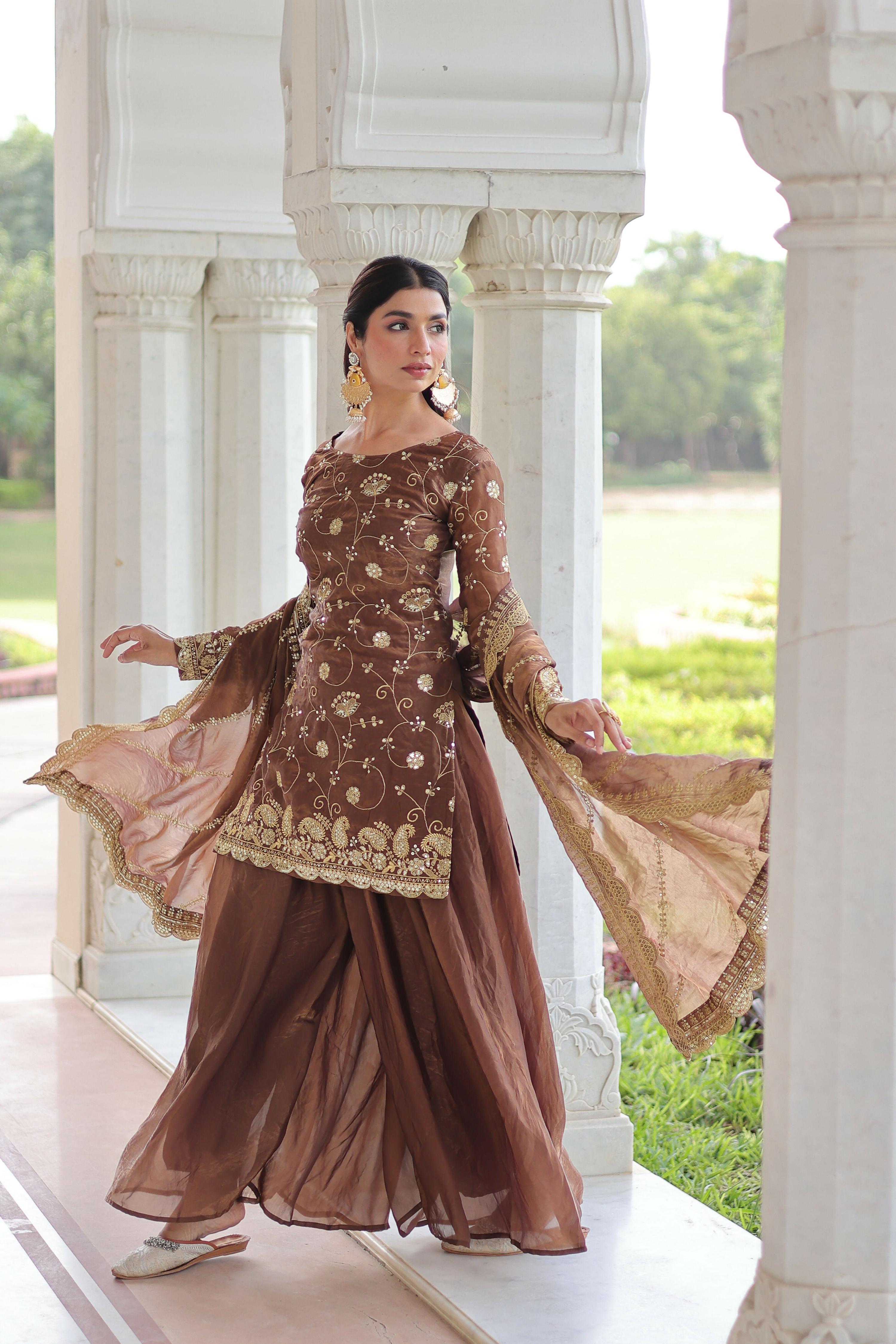 Joban Fashion Coffee Readymade Kurta Set With Sequence embroidery Work | Grocsy