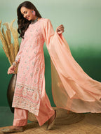 Peach Georgette Handwork Unstitched Dress Material - Hanika | Grocsy