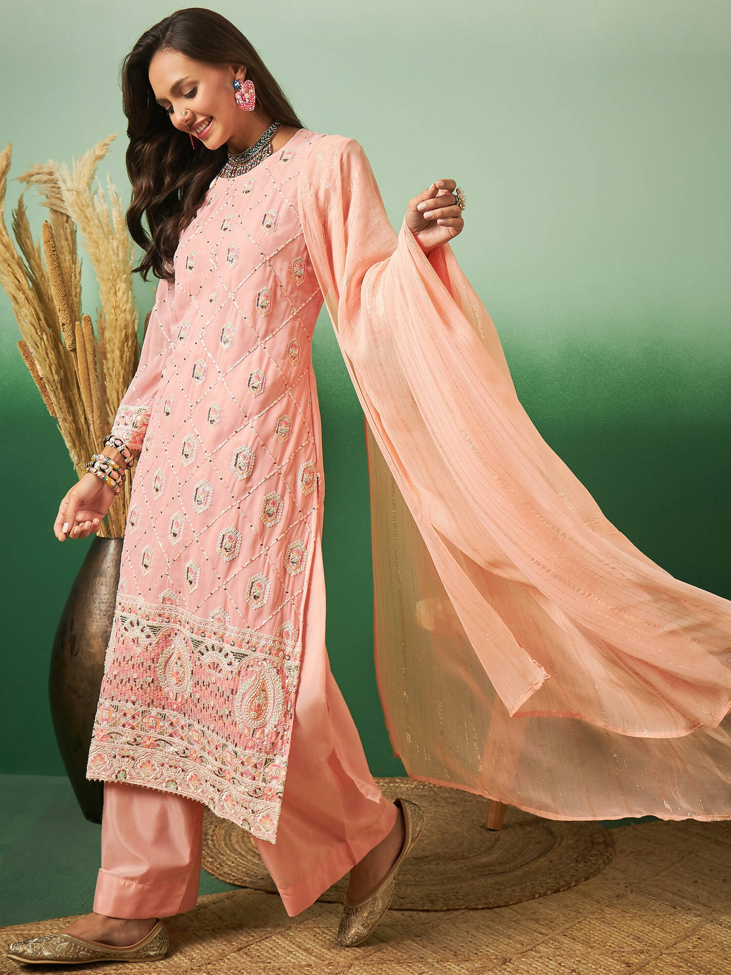 Peach Georgette Handwork Unstitched Dress Material - Hanika | Grocsy