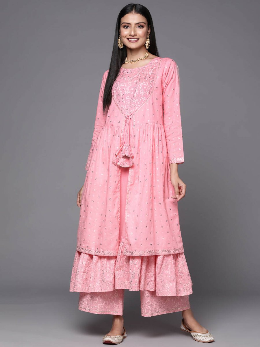 Ahalyaa Pink & Gold Ethnic Printed Layered Front Slit Cotton Anarkali Kurta Palazzos | Grocsy