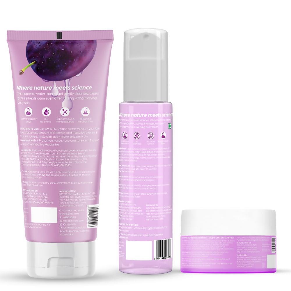 PLIX The Plant Fix Jamun Active Acne Regime With Cleanser, Toner & Moisturizer For Women & Men | Grocsy