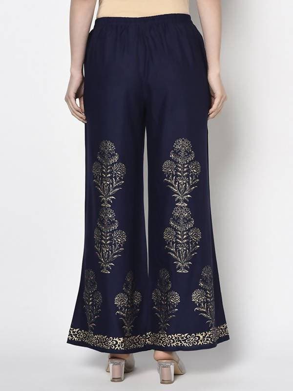 Aniyah Rayon Navy Blue Color Gold Print Flared Slip-On Palazzo (AN-193K) | Grocsy