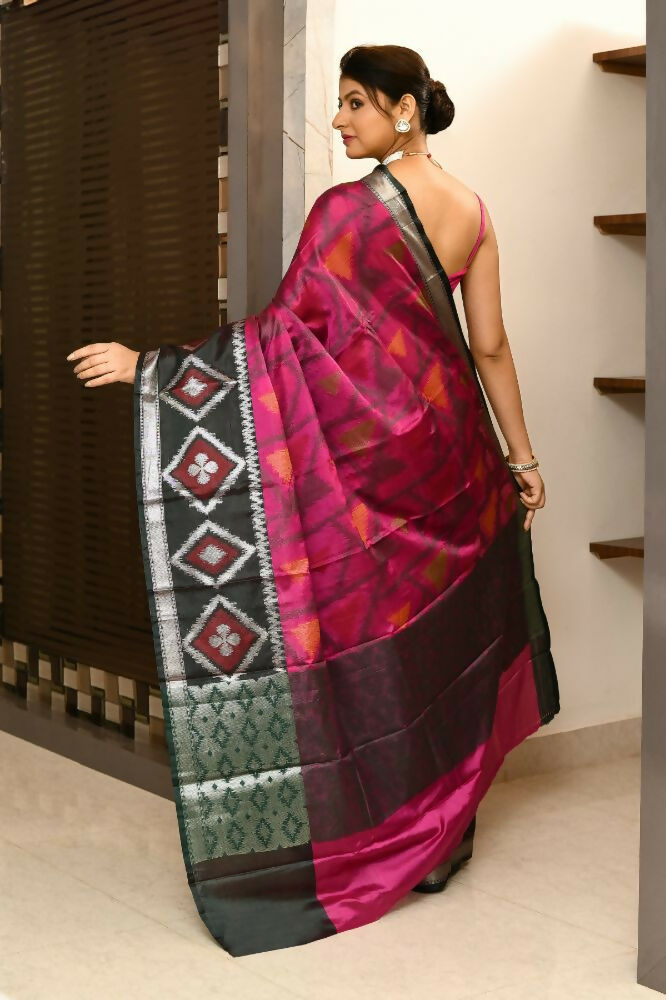 Joban Fashion Black & Pink Saree Kataan Ikkat | Grocsy