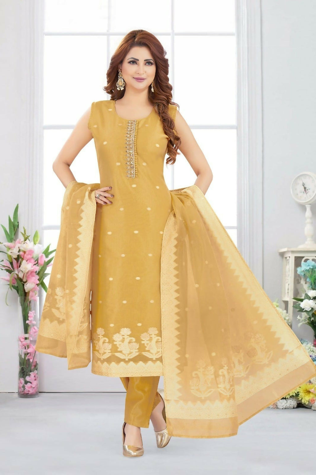 Joban Fashion Jacquard Gold Color Kurta Set | Grocsy
