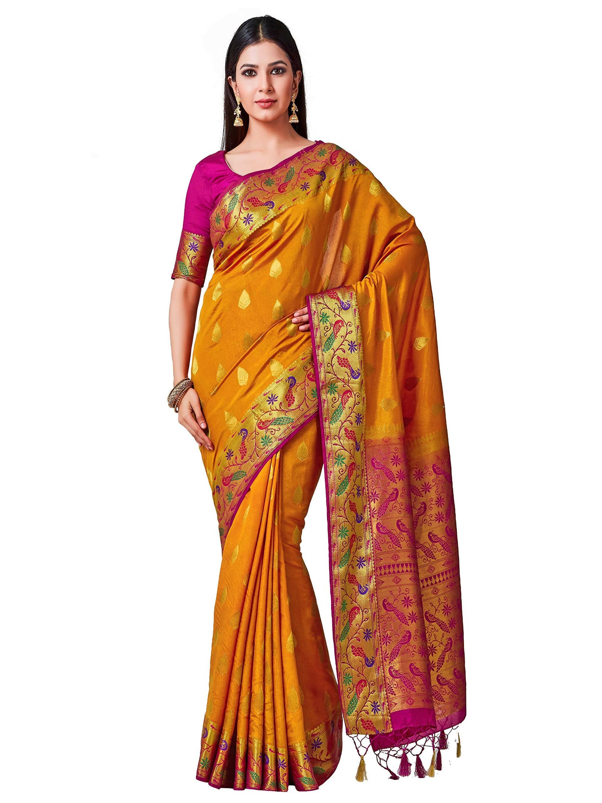 Mimosa Women's Paithani Art Silk Mustard Yellow Saree | Grocsy
