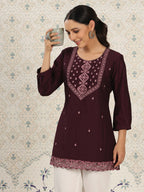 Magenta Chinon Embroidered Straight Top - Zeny | Grocsy