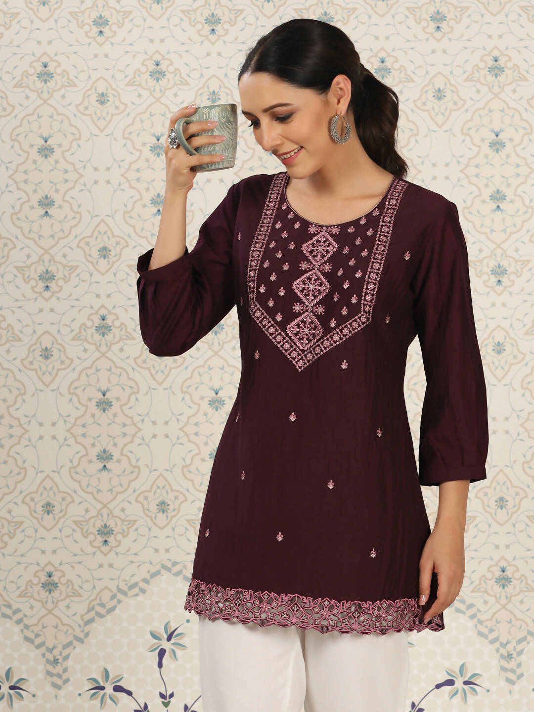 Magenta Chinon Embroidered Straight Top - Zeny | Grocsy
