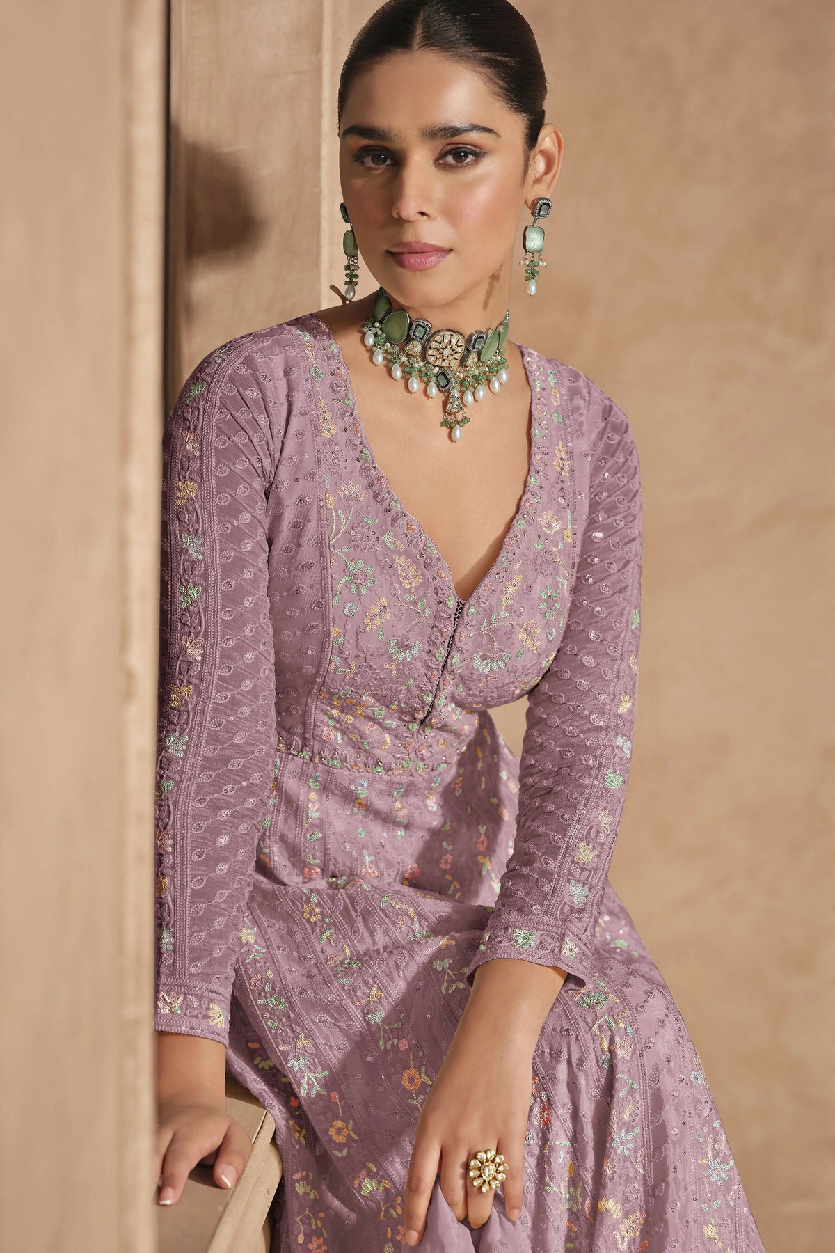 Vastranavya Mauve Chikankari Embroidered Sequence Work Abaya Suit | Grocsy
