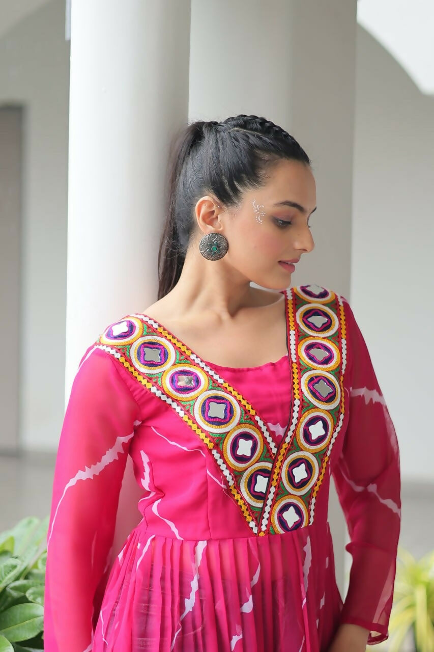 Vastranavya Pink Navratri Special Kutchi Patch Work with Leheriya Printed Kurti | Grocsy