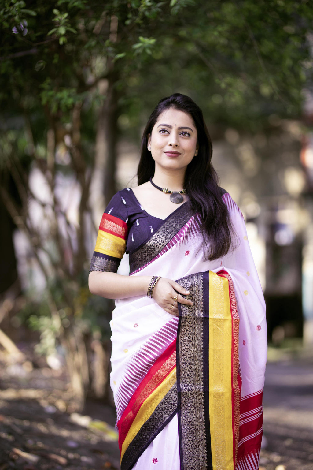 White Cotton Crepe Printed Saree with Unstitched Blouse - Hiral Fashion | Grocsy