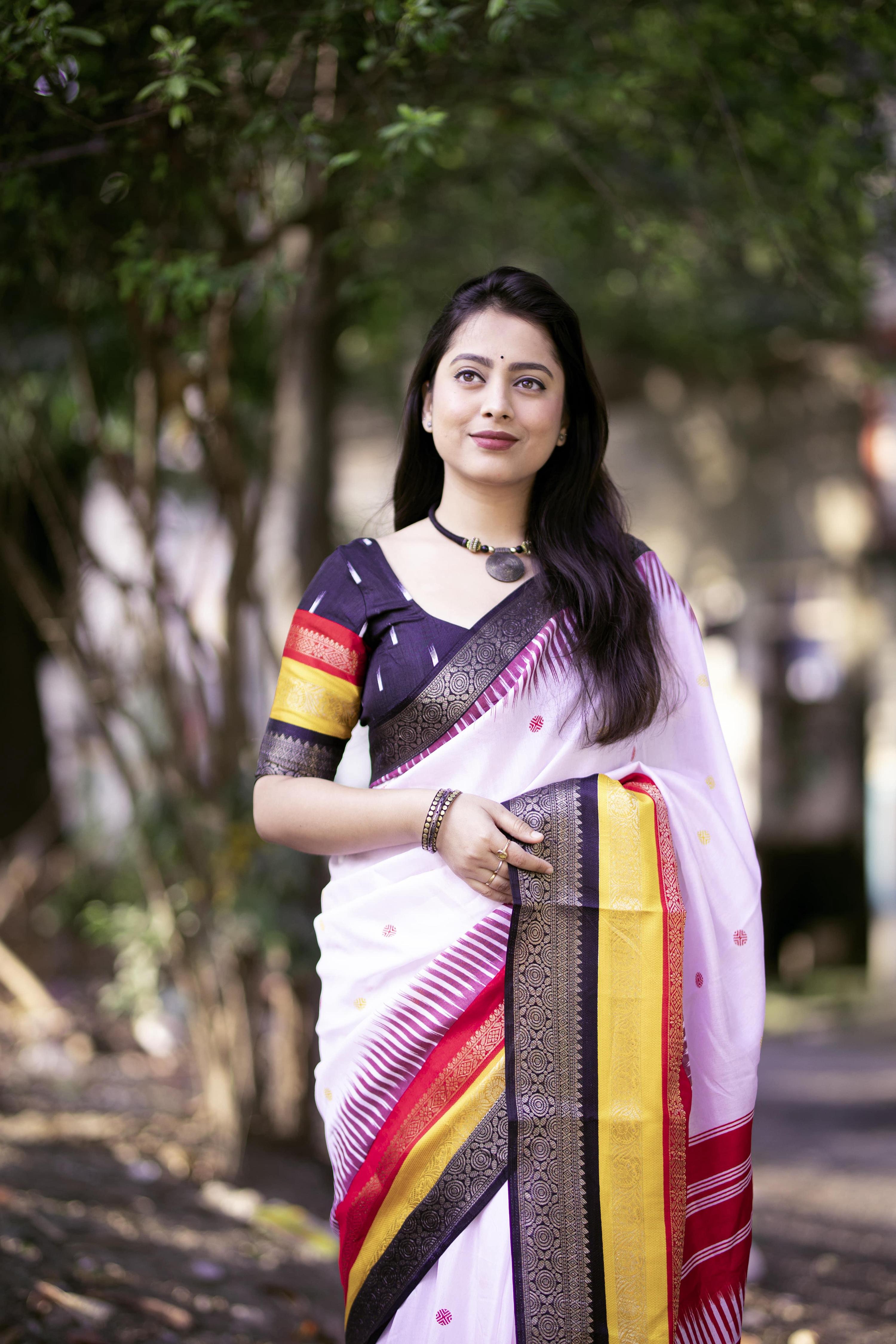 White Cotton Crepe Printed Saree with Unstitched Blouse - Hiral Fashion | Grocsy