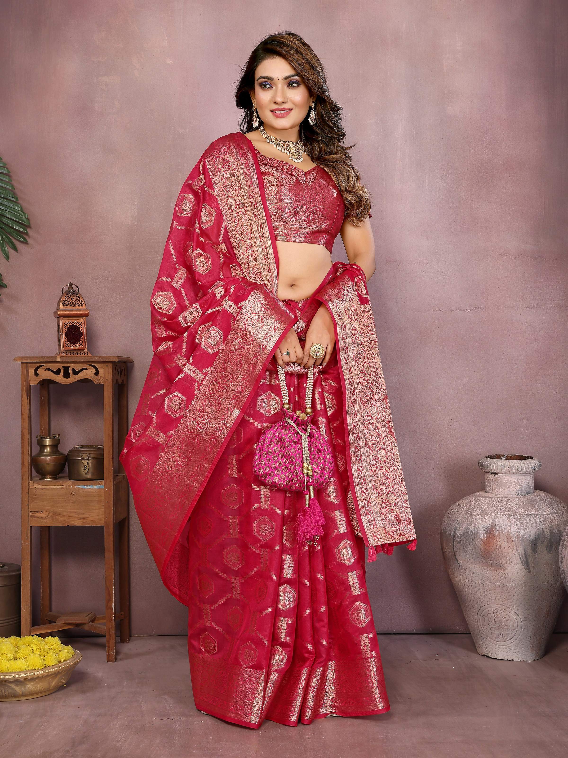 Aastha Fashion Magenta Soft Organza Silk Weaving Saree | Grocsy